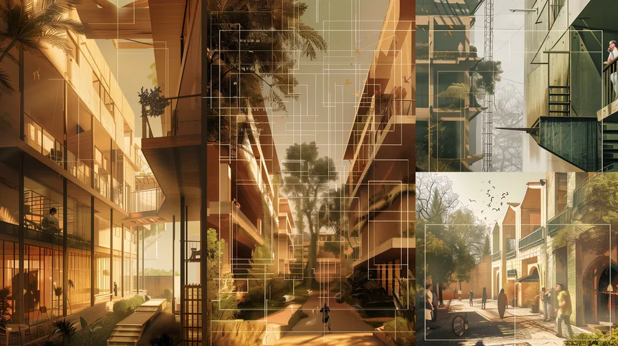 Architectural studies of a residential block, from the balconies to the street it sits on