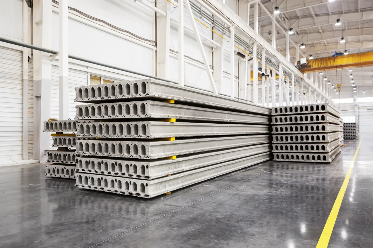Stacks of hollow core slabs in a precast plant, ready for despatch