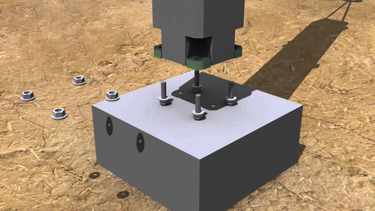 Rendered column base plate being lowered onto its anchor bolts