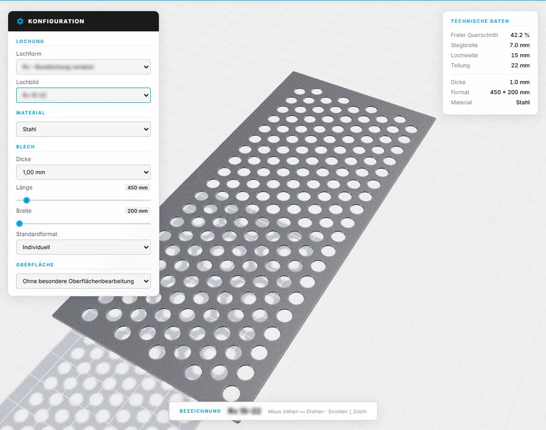A 3D product configurator showing perforated metal panels