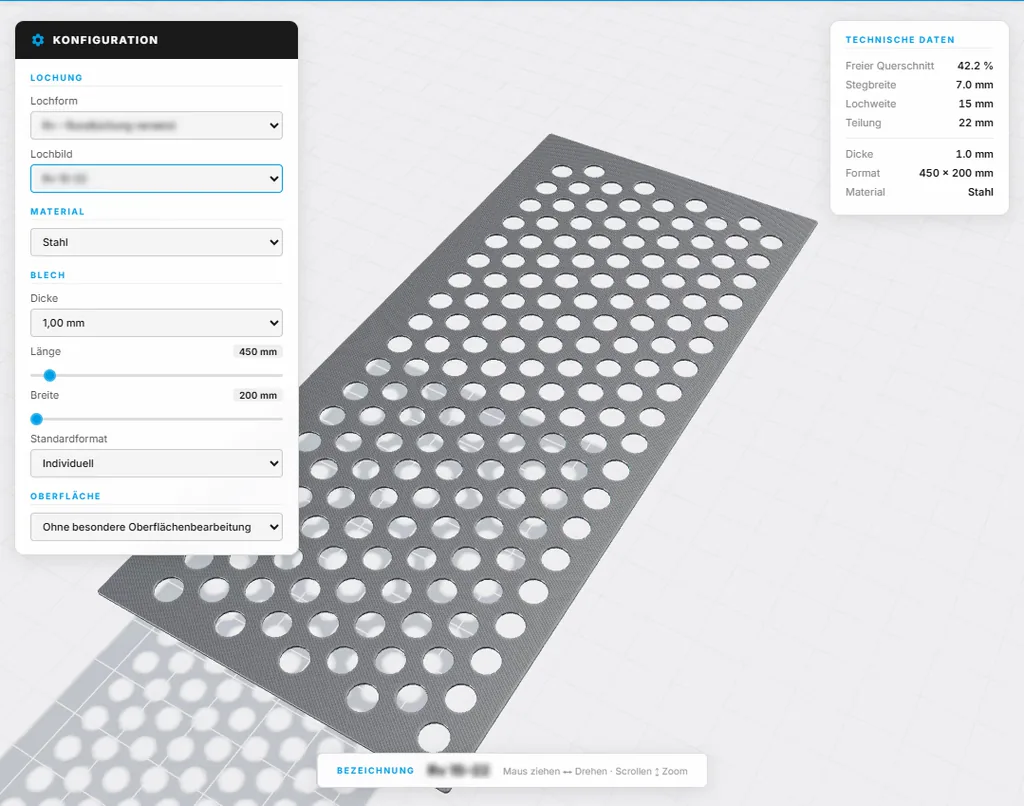 Configurator for a perforated metal sheet, with the parameter panel and the resulting technical data