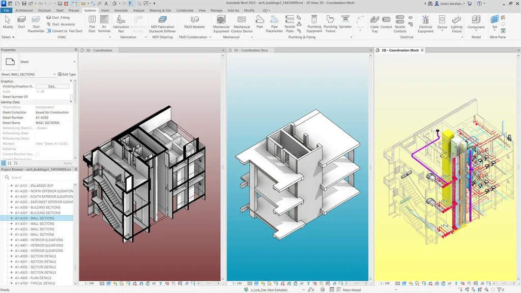 BIM authoring window with three coordinated views of the same building model