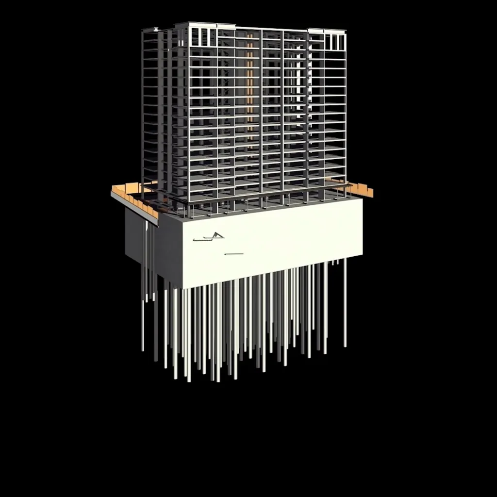 Structural model of a high rise building on its piled foundation