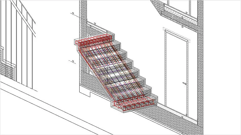 Line drawing of a reinforced stair flight modelled inside its shaft