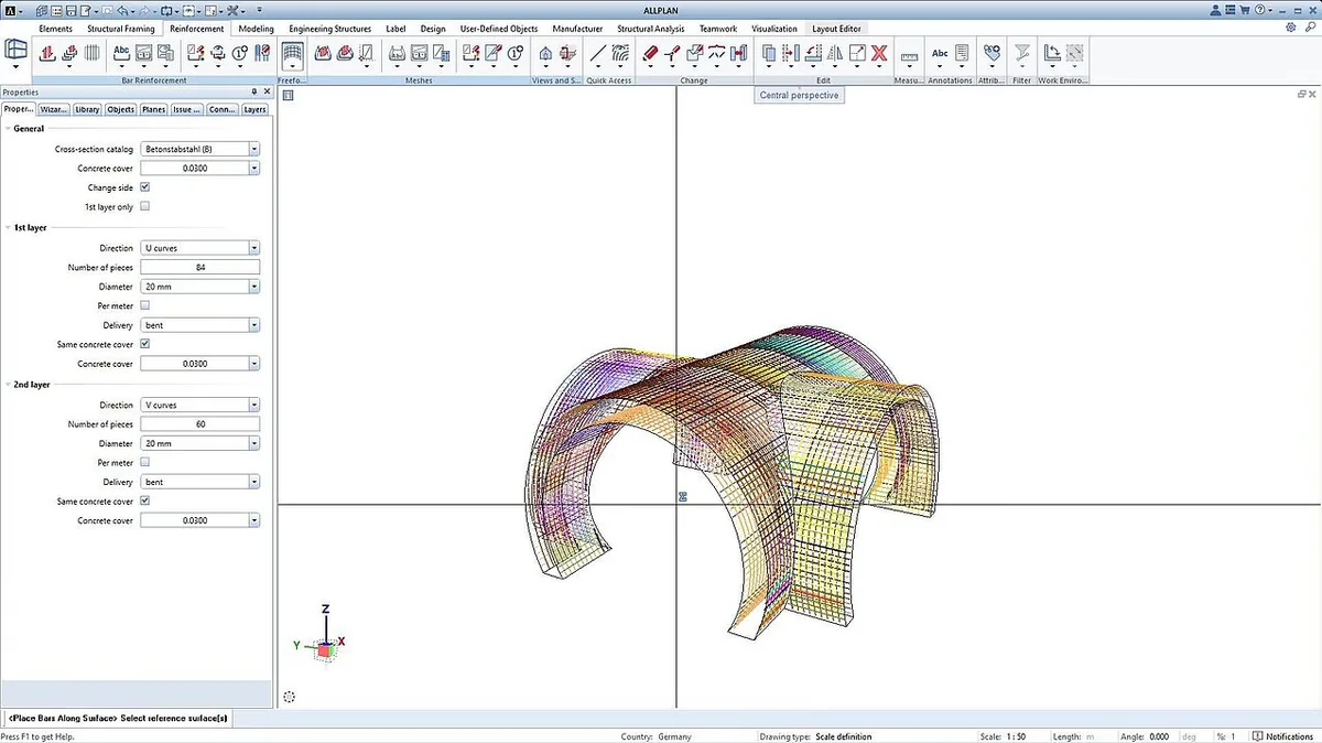 CAD window with a curved shell model beside the parameter panel that drives its reinforcement